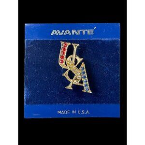 Avante Gold Toned Patriotic American USA Brooch Pin Jewelry Red White Blue VTG
